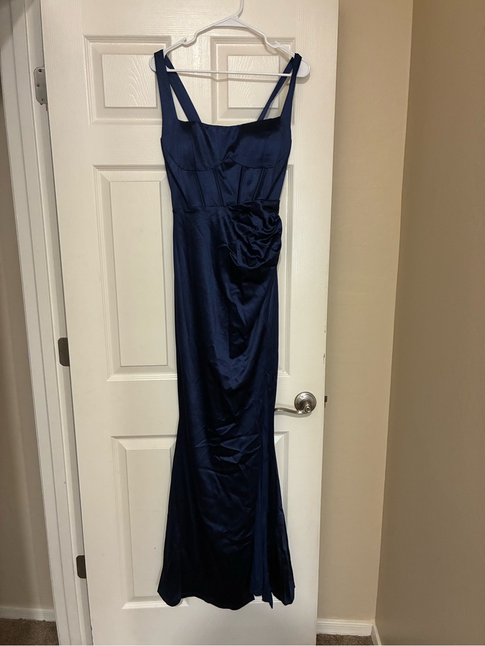 Windsor Navy Satin Maxi Dress with Rosette Detail